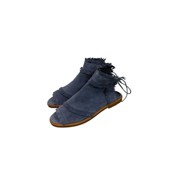 Free People Silent D Suede Fringe Leather Mule Sandals Blue Leather Womens 40 - Picture 1 of 8